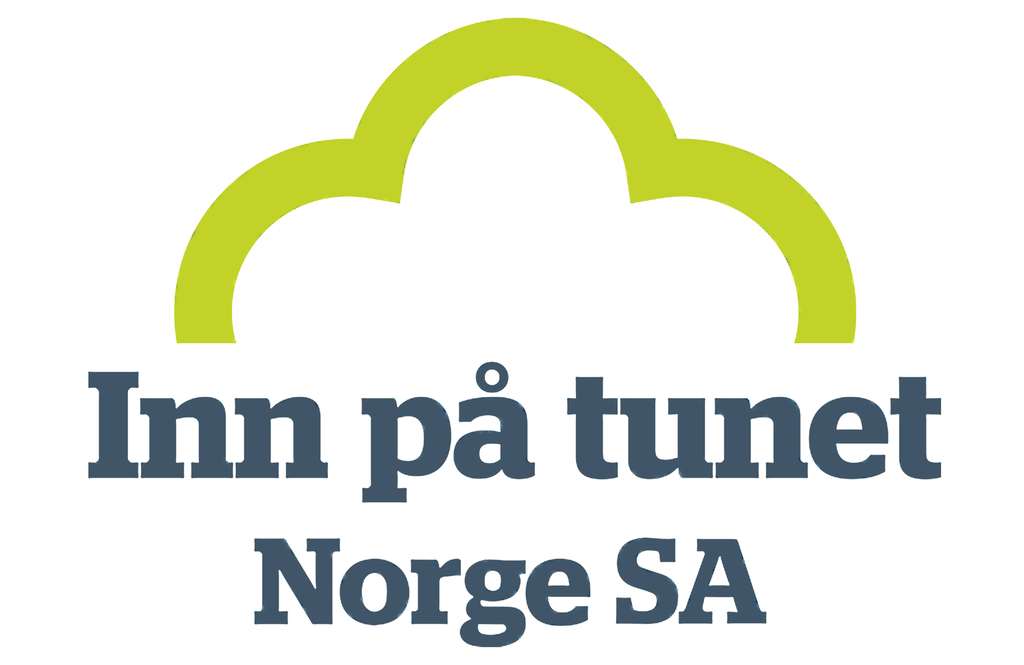 Logoen til Inn på tunet Norge. Et grønt skysymbol med teksten Inn på tunet Norge SA under. Illustrasjon.
