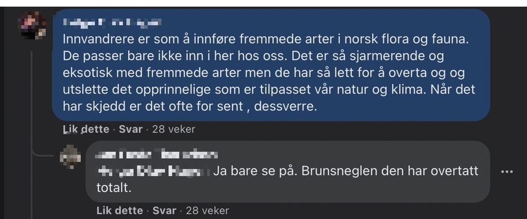 To innlegg i en tråd på Sylvi Listhaugs Facebook-side. Skjermdump. 