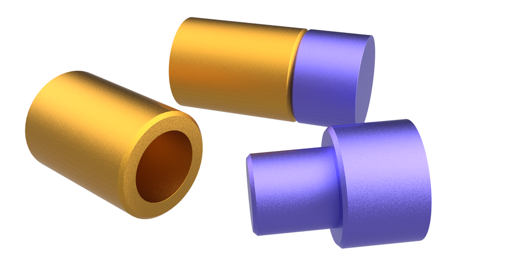 Sylindriske komponenter med hull og aksling. De har matt overflate. Illustrasjon.