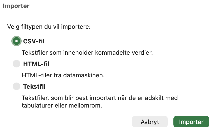 Skjermbilde av import-funksjonen i Excel. Det viser tre valg for filformat: csv-fil, html-fil og txt-fil.