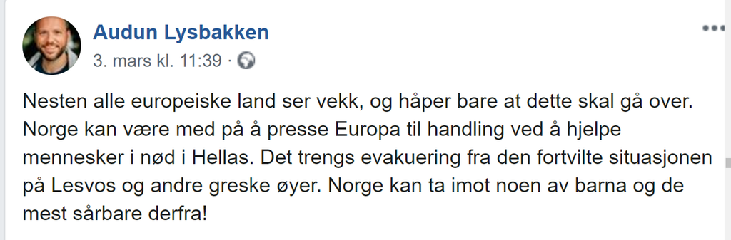 "Nesten alle europeiske land snur seg vekk og håper bare at dette skal gå over. Norge kan være med på å presse Europa til handling ved å hjelpe mennesker i nød i Hellas. Det trengs evakuering fra den fortvilte situasjonen på Lesvos og andre greske øyer. Norge kan ta imot noen av barna og de mest sårbare derfra!". Skjermdump.