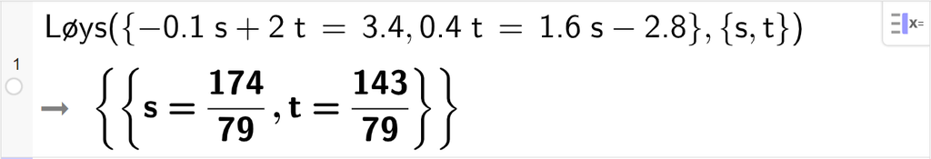 CAS-utrekning med GeoGebra. På linje 1 er det skrive Løys parentes sløyfeparentes minus 0,1 s pluss 2 t er lik 3,4 komma, 0,4 t er lik 1,6 s minus 2,8 sløyfeparentes slutt komma, sløyfeparentes s komma, t sløyfeparentes slutt parentes slutt. Svaret er s er lik 174 syttinidelar og t er lik 143 syttinidelar. Skjermutklipp.