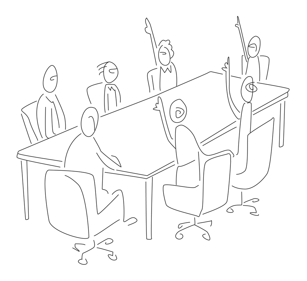 Manger personer sitter rundt et møtebord. Fire av personene rekker opp handa og vil ha ordet. Illustrasjon.