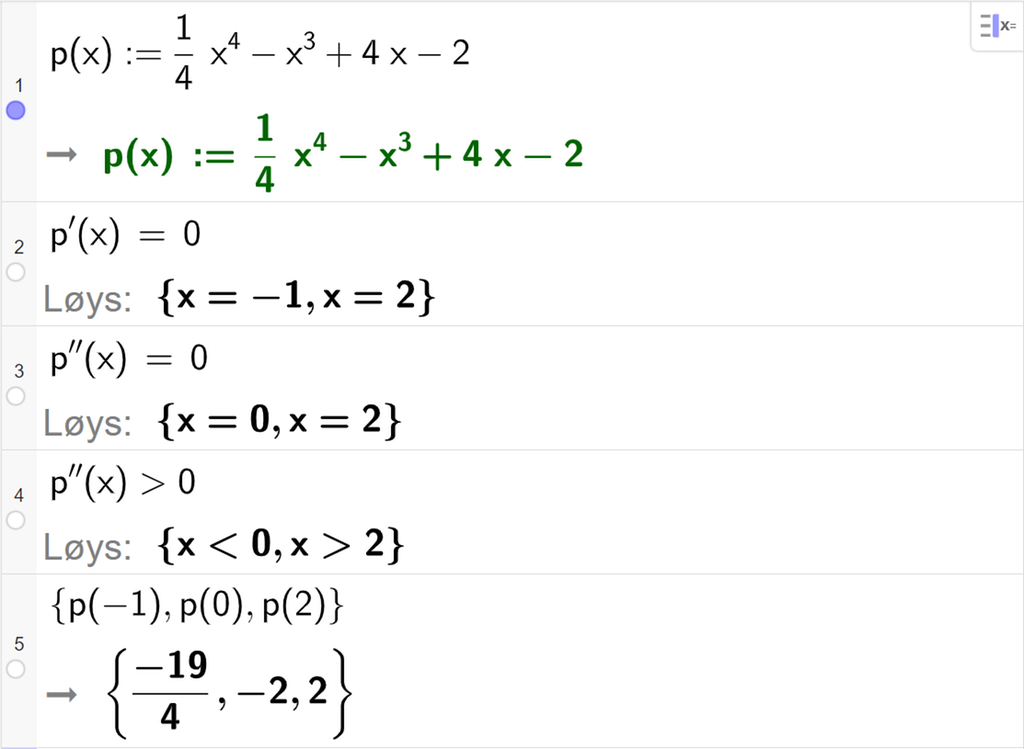 CAS-utrekning med GeoGebra. På linje 1 er det skrive p av x kolon er lik 1 firedels x i fjerde minus x i tredje pluss 4 x minus 2. Svaret er det same. På linje 2 er det skrive p derivert av x er lik 0. Svaret med "Løys" er x er lik minus 1 eller x er lik 2. På linje 3 er det skrive p dobbeltderivert av x er lik 0. Svaret med "Løys" er x er lik 0 eller x er lik 2. På linje 4 er det skrive p dobbeltderivert av x større enn 0. Svaret med "Løys" er x mindre enn 0 eller x større enn 2. På linje 5 er det skrive sløyfeparentes p av minus 1 komma, p av 0 komma, p av 2 sløyfeparentes slutt. Svaret er sløyfeparentes minus 19 delt på 4 komma, minus 2 komma 2 sløyfeparentes slutt. Skjermutklipp.