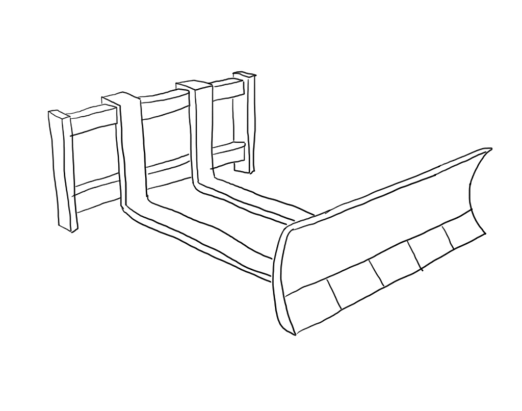 Tegningen viser et plogskjær som kan monteres på en motvektstruck for å måke snø med. Tegning.