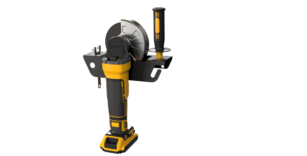 Stativ der det henger en vinkelsliper og tilhørende verktøy. Illustrasjon.