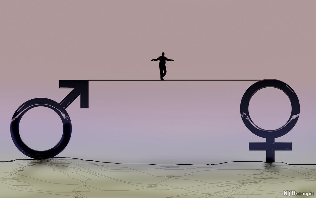 Ein person går på line mellom symbola for mann og kvinne. Illustrasjon. 