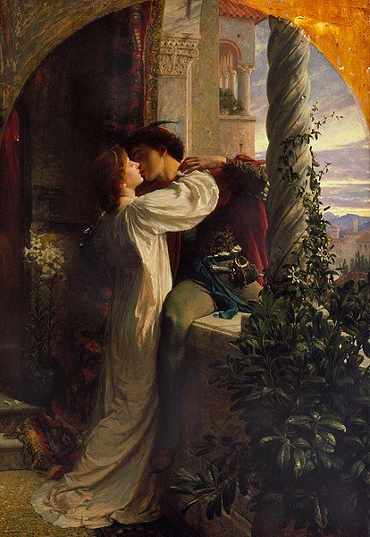 Painting showing the Balcony scene from Romeo and Juliet. Juliet and Romeo are kissing on the balcony. Juliet is dressed in a white night gown, while Romeo is dressed in green tights and a red cape. 