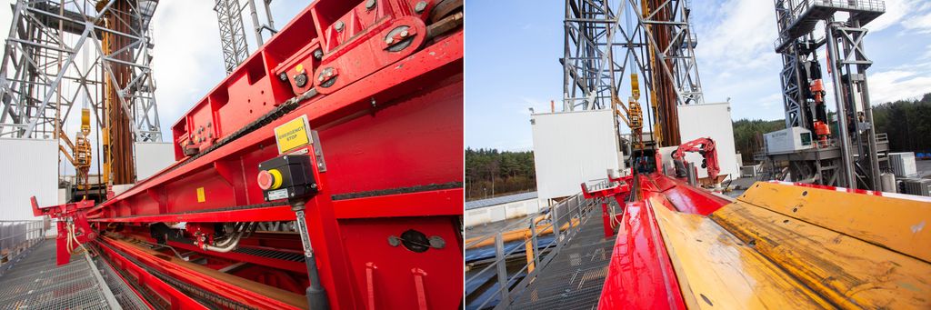 Catwalk machine er en rød, fjernoperert maskin som leder rør fra rørdekket til boredekket på en oljeplattform. Foto.