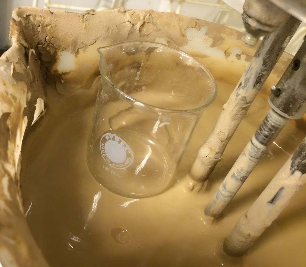 Et målebeger i glass står på overflaten av en væske som har stivnet. Skal illustrere gelstyrken til borevæske. Foto.