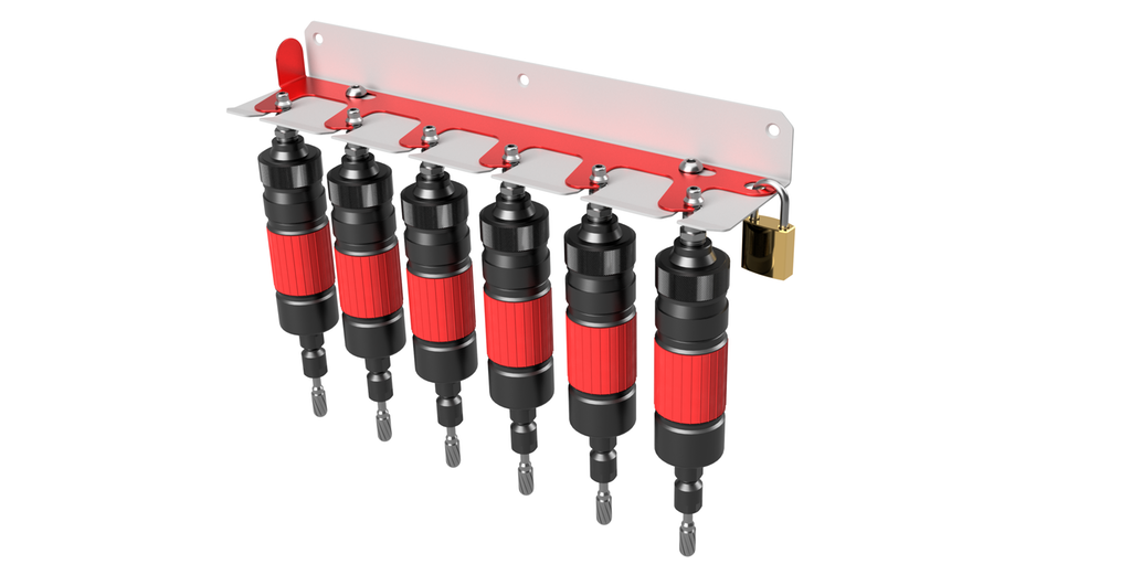 Oppheng på vegg der det henger seks slipemaskiner. Illustrasjon.