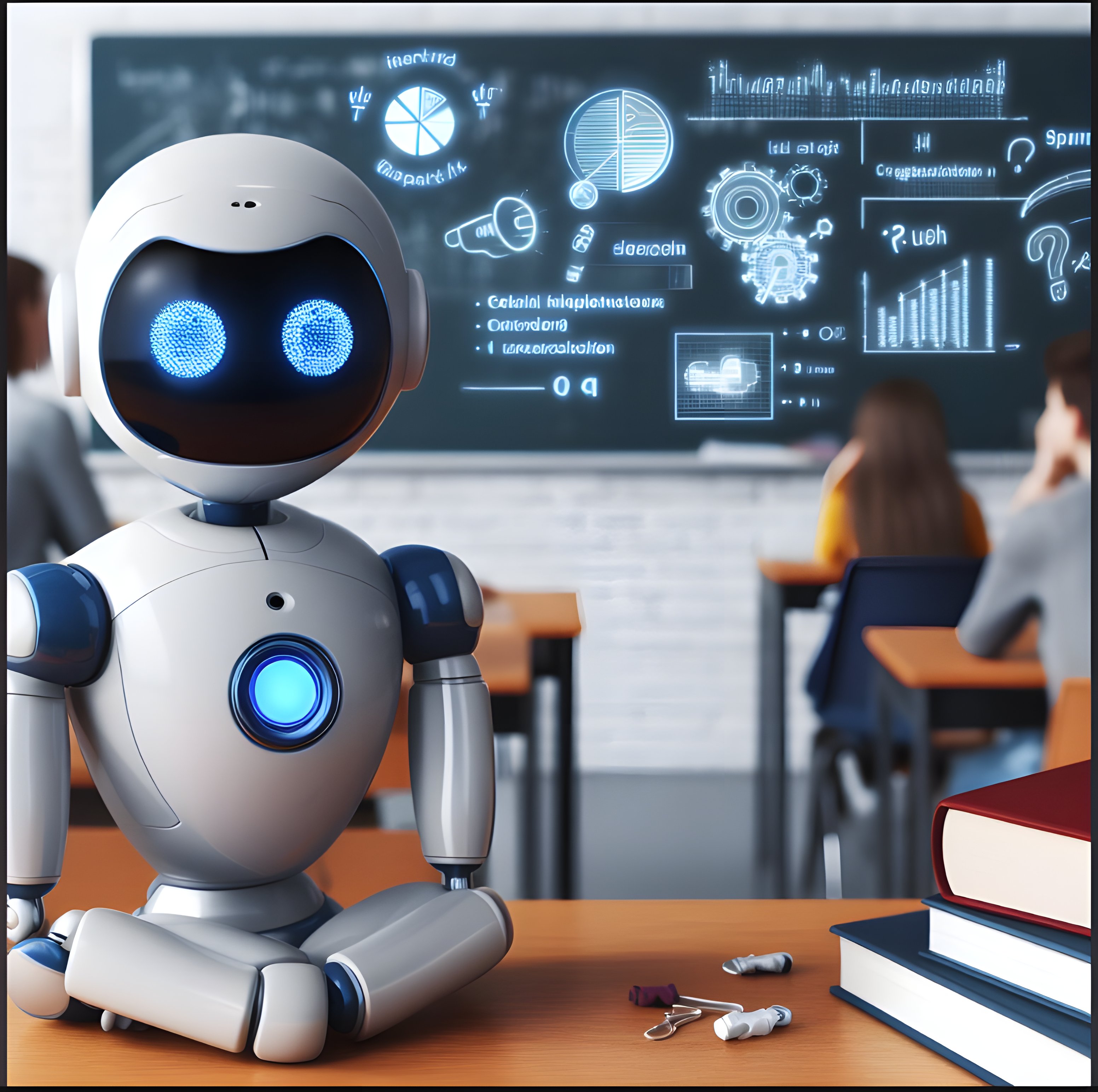 En robot i et klasserom. Elever ser på ei digital tavle i bakgrunnen. KI-foto.