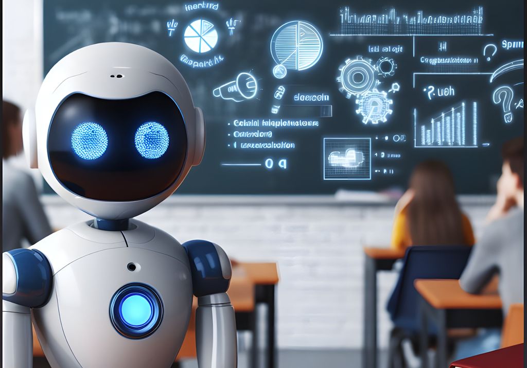 En robot i et klasserom. Elever ser på ei digital tavle i bakgrunnen. KI-foto.