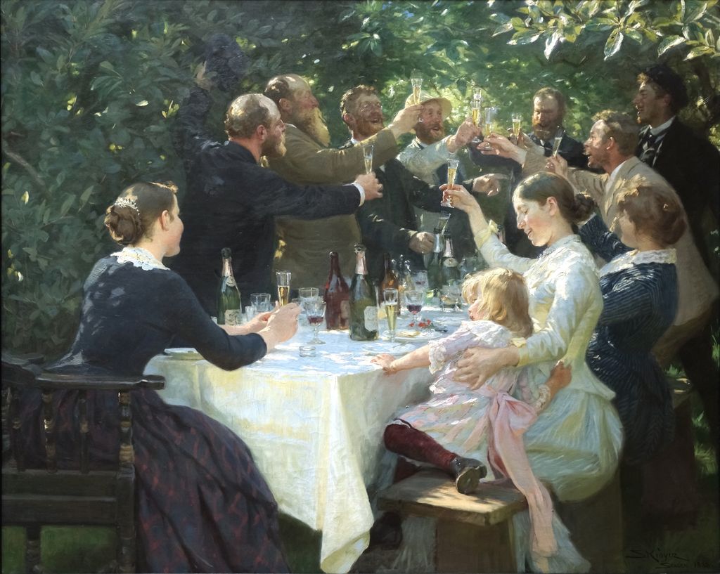 Oljemaleri av feststemte mennesker som skåler rundt et dekket bord ute i en hage. Foto.