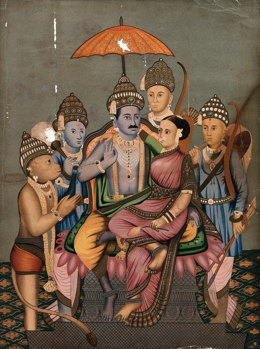 Mann sit  på ei trone med ei kvinne på fanget. Rundt står fleire menn. Måleri.