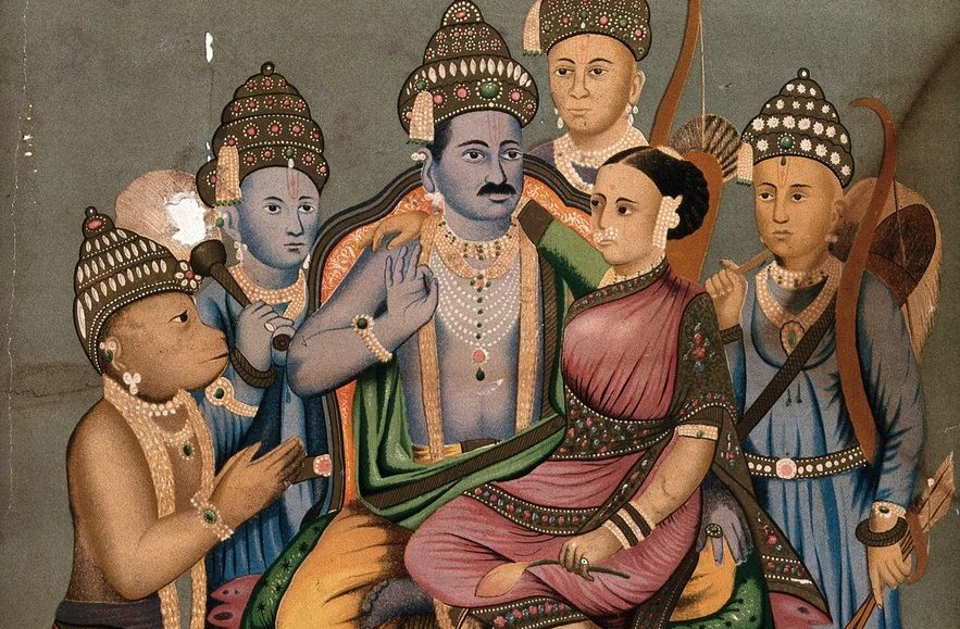 Mann sit på ei trone med ei kvinne på fanget. Rundt står fleire menn. Måleri.