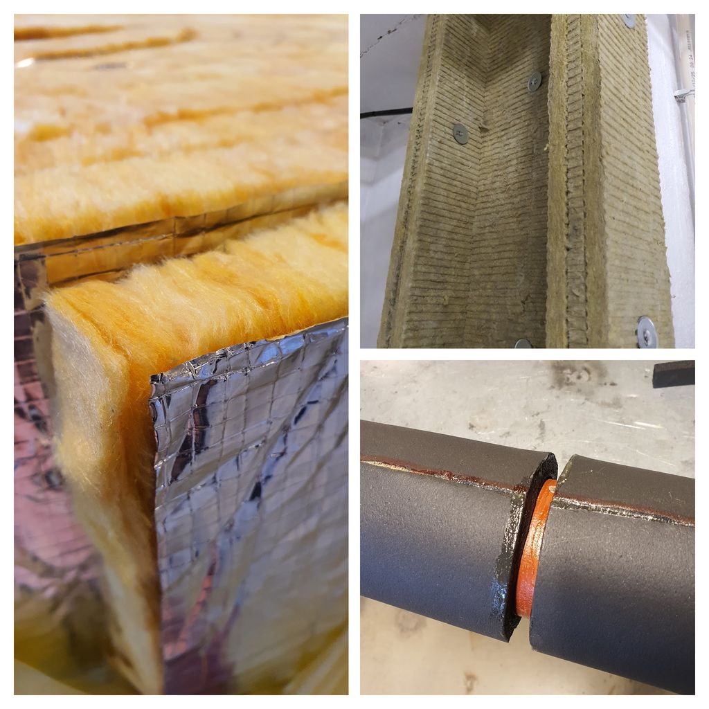 Tre bilder av ulike isolasjonsmaterialer. Foto.