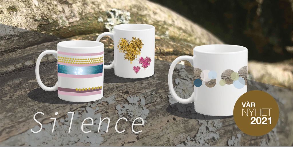Tre kopper med dekor, navn på kolleksjon Silence og tag med teksten vårnyhet 2021. Illustrasjon.