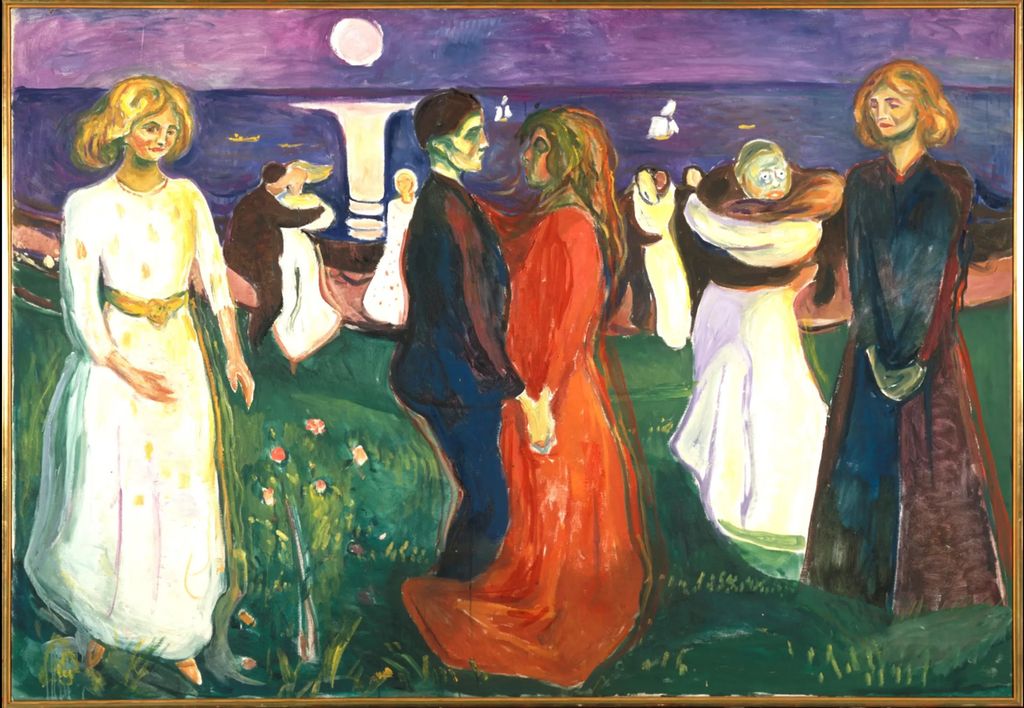 Oljemaleri av en mørkkledd og en lyskledd kvinne som betrakter et dansende par i måneskinn. I bakgrunnen er det flere dansende par. Illustrasjon.