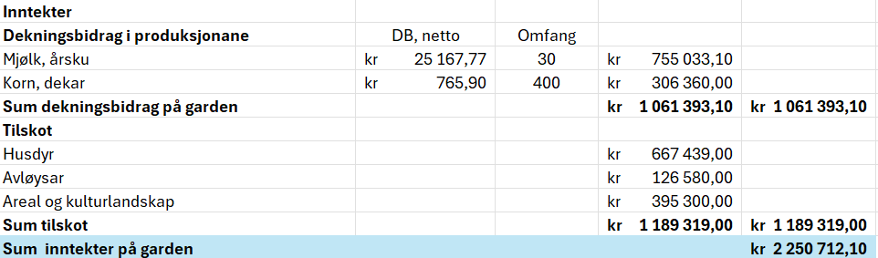 Rekneark som viser økonomisk oversikt for eit gardsbruk med inntekter og faste kostnader. Lønnsevne for garden er berekna til slutt. Innhaldet ligg vedlagt i reknearket Økonomisk oversikt nedst på sida, under Inntekter på rad 2 til 12. Skjermutklipp.