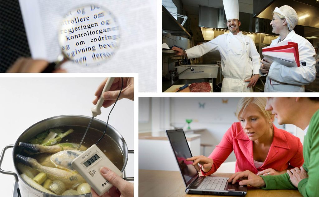 Kollasj med fire bilete. Eit bilde viser eit forstørringsglas over ei bok med lita skrift. Eit bilete viser to personar i kvitt arbeidsantrekk smilande på eit kjøkken. Eit bilete viser ein person som måler temperaturen på innhaldet i ein kjele. Eit bilete viser to personar som samarbeider ved ein pc. Foto.