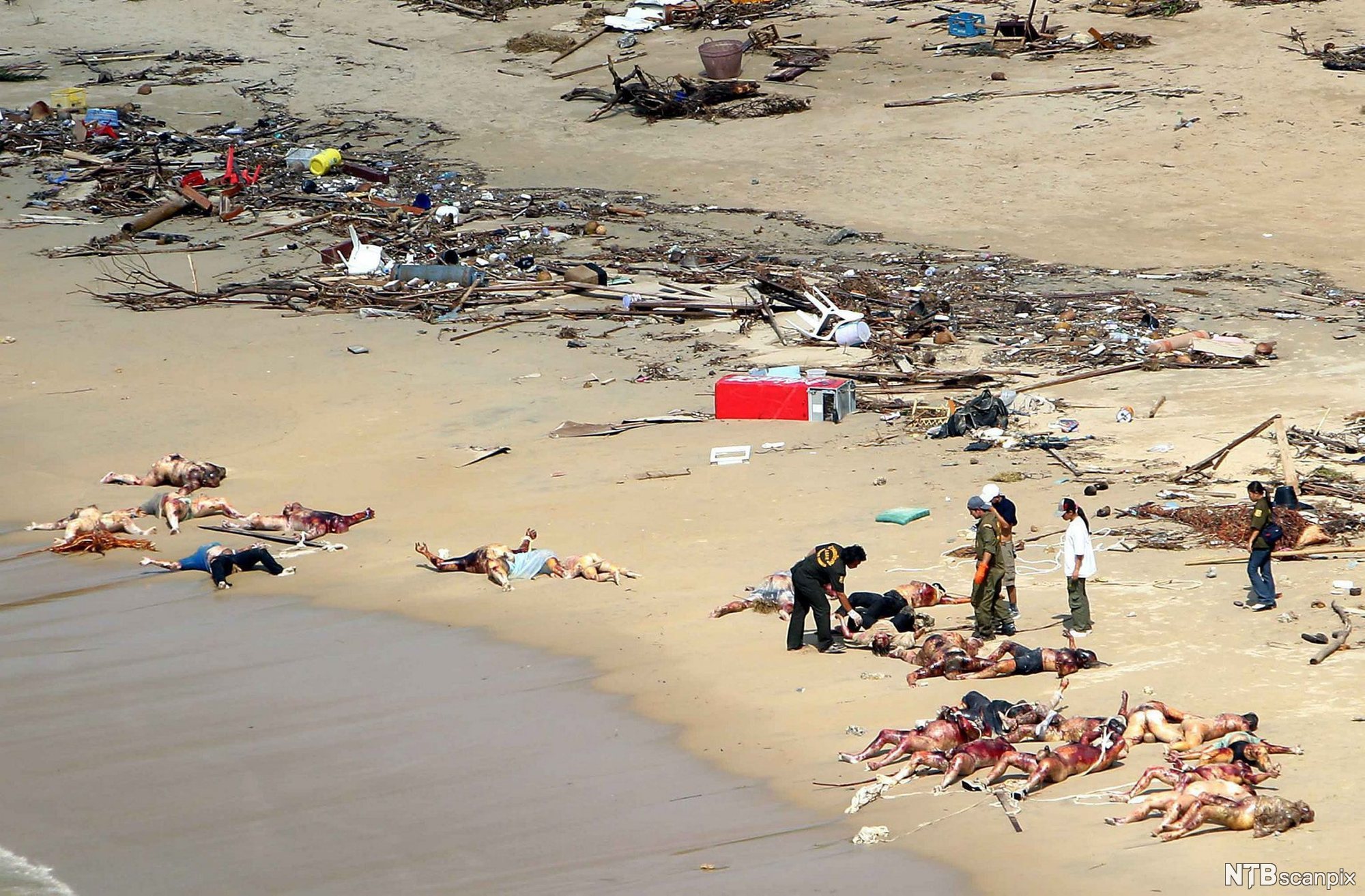 Innsatspersonell på en strand full av døde mennesker og gjenstander etter tsunamien i 2004. Foto.