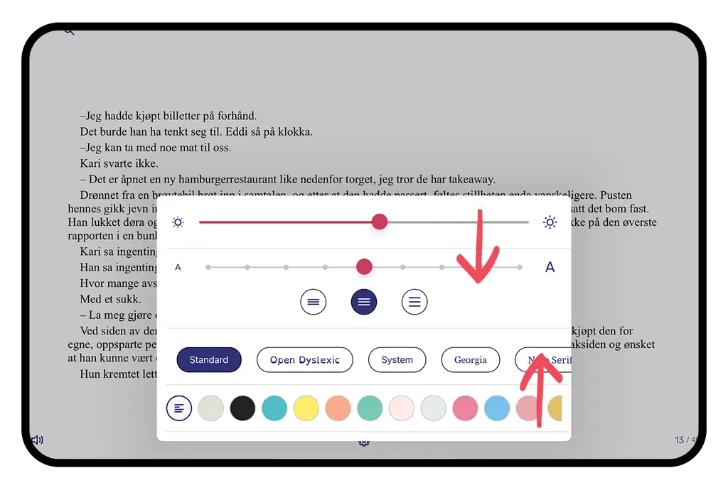 Leseinnstillinger i bibliotek-appen BookBites. Skjermutklipp.