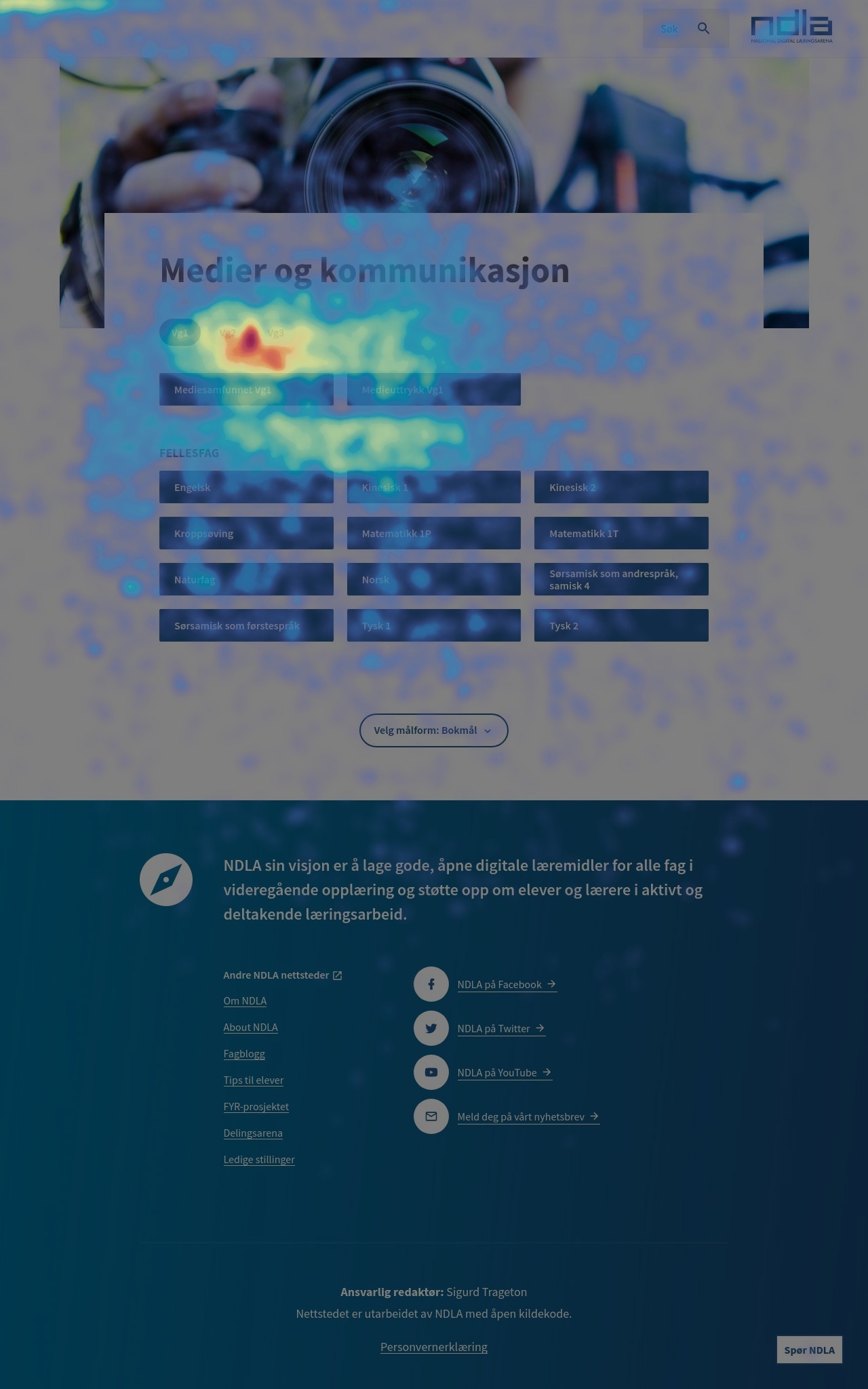 Nettside frå NDLA med varmekart som viser kvar brukarane trykker mest ved bruk av ulike fargar. Skjermbilete.