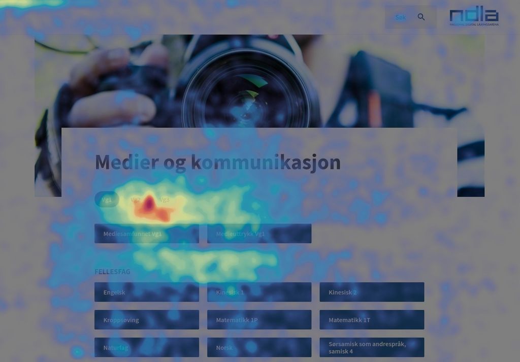 Nettside fra NDLA med varmekart som viser hvor brukerne trykker mest ved bruk av ulike farger. Skjermbilde.