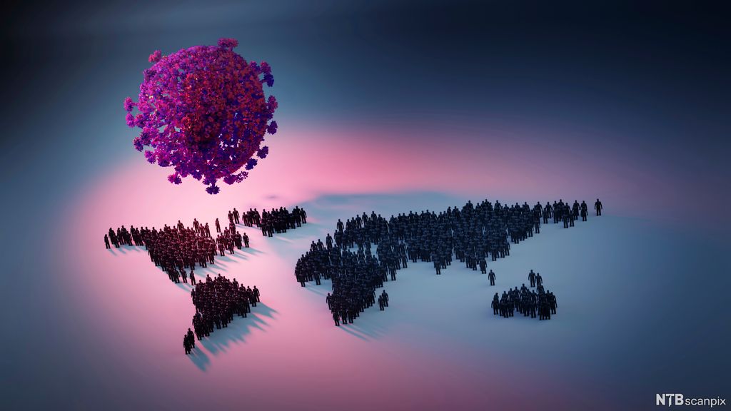 Kjempestort rødt virus svever over grupper av mennesker som til sammen forestiller de ulike kontinentene. Illustrasjon.
