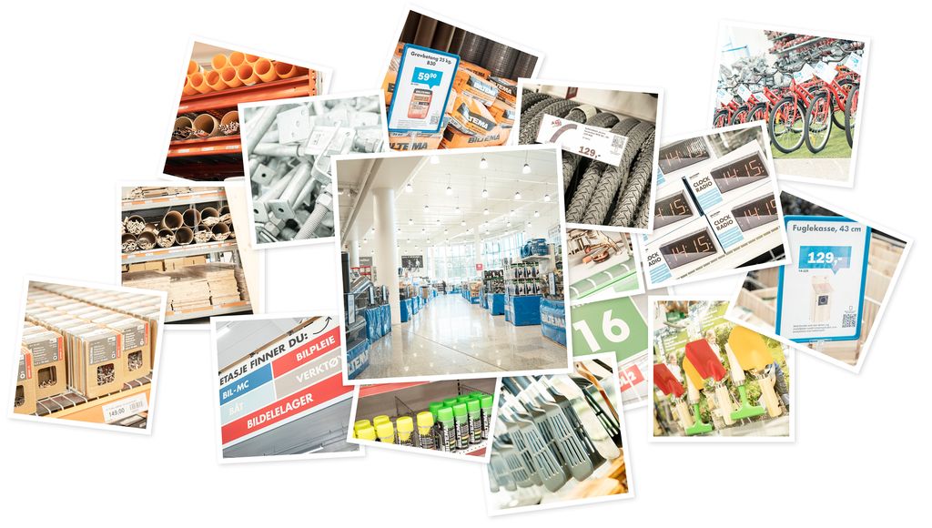Kollasj med bilder fra varesortimentet hos en stor kjede. 16 forskjellige bilder viser alt fra skruepakker og barneleker. Foto.
