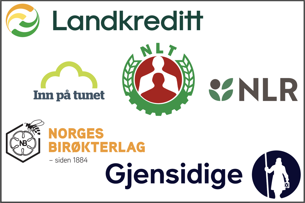 Kollasj av logoer fra Landkreditt, Inn på tunet, Norske Landbrukstenester, Norsk Landbruksrådgiving, Norges birøkterlag og Gjensidige. Illustrasjon.