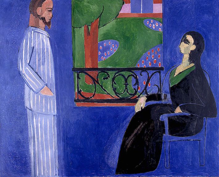 A man in striped pajamas is facing a seated woman, she is wearing a black dress. Painting.
