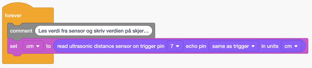 Kodeblokk for å lese signal fra en ultralydsensor. Skjermbilde.