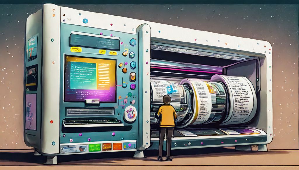 En person foran en maskin som mater ut tekstark. Illustrasjon.