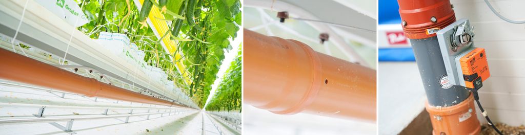 Bilder av tjukke, oransje rør med små hull og en ventil i veksthus. Foto.