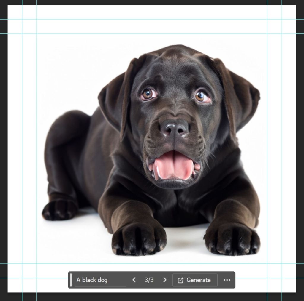 Fotorealistisk bilde av en svart valp. En tekstboks under valpen viser ledeteksten A black dog og at dette bildet er alternativ tre av tre. KI-foto.