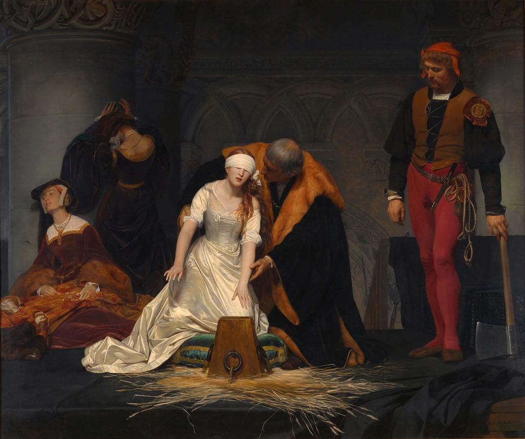 A painting showing Lady Jane Grey preparing for her execution. She is dressed in white. She is surrounded by her two lady-in-waitings, a priest and the executioner. 