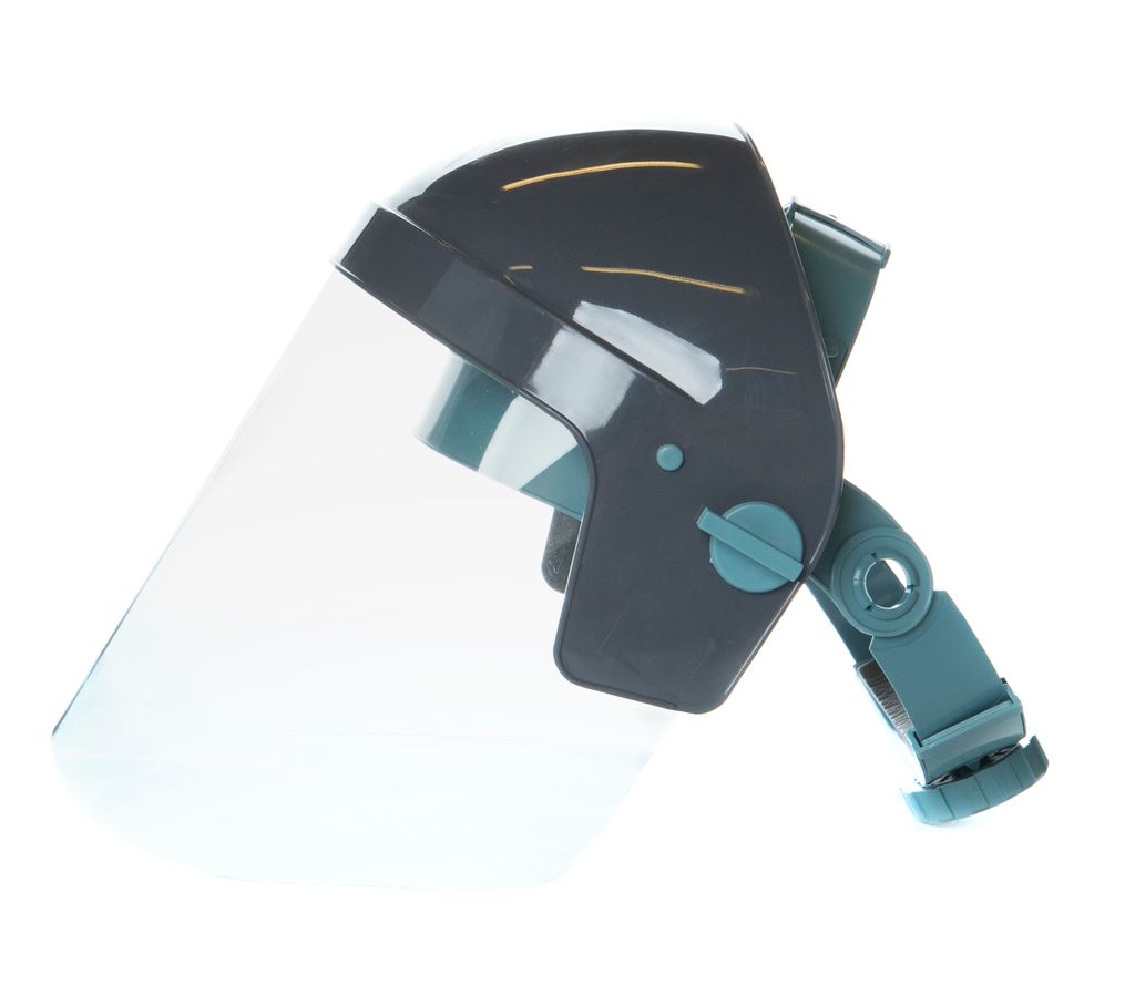 Verneskjerm med justerbart feste til hovudet og ein blank, avrunda skjerm framme. Foto.