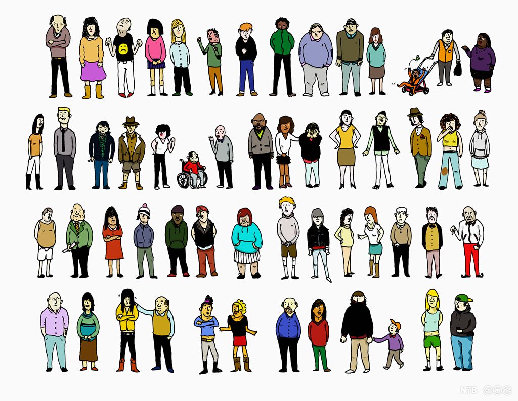 Fire rekker med mange forskjellige typer mennesker: voksne, barn, gamle og personer med nedsatt funksjonsevne. De har ulikt kjønn og ulik kroppsfasong, hårfrisyre og klesdrakt. Illustrasjon. 