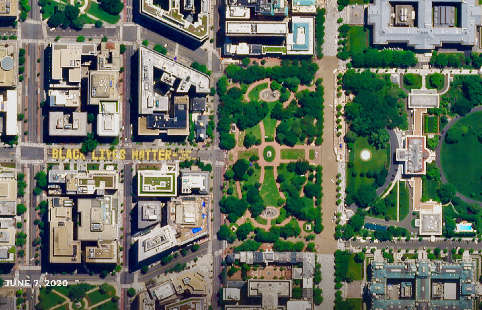 The Black Lives Matter mural on the road to the White House, as seen by the Planet Labs satellite orbiting overhead. Photo.