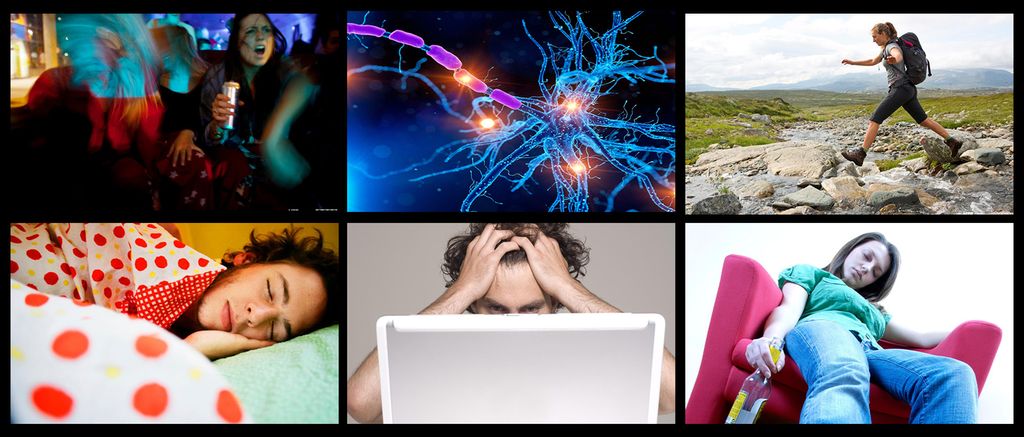 Seks bilder: fest, nerveimpuls, fjelltur, søvn, stress og beruset ung jente. Foto-kollasj.