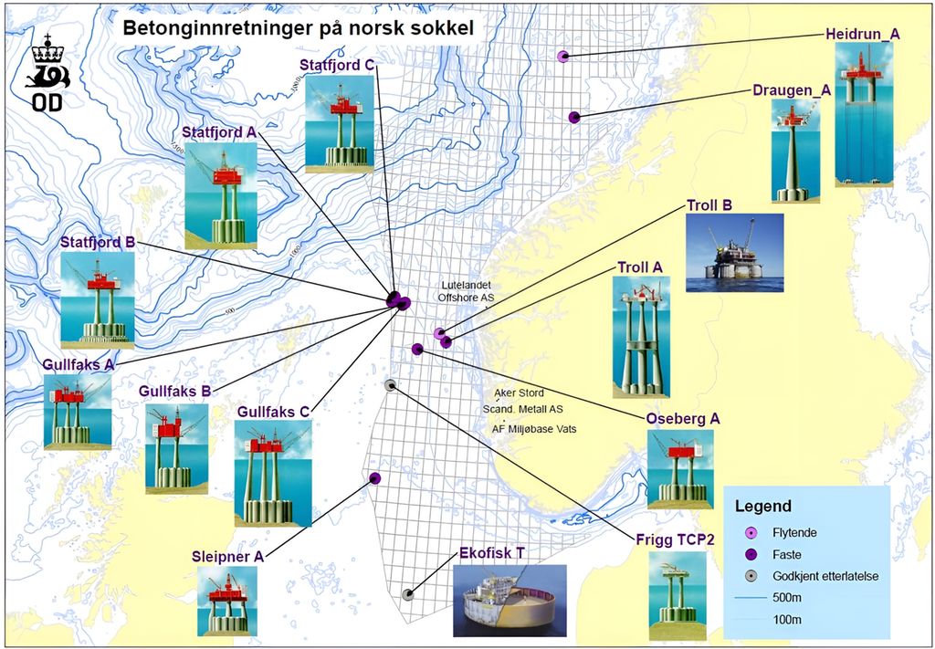 Kart som viser installasjoner som er laget av betong og tatt i bruk på norsk sokkel. Følgende innstallasjoner er markert: Statfjord C, Statfjord A, Satfjord B, Gullfaks A, Gullfaks B, Gullfaks C, Sleipner A, Heidrun A, Draugen A, Troll B, Troll A, Oseberg A, Frigg TCP2 og Ekofisk T. Illustrasjon.